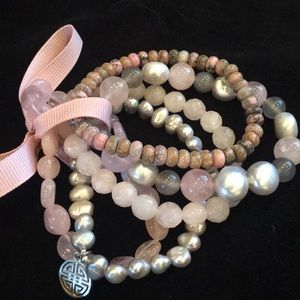 Multistrand pearl and natural stone bracelet set